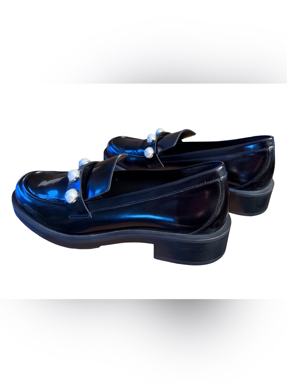 Stewart Weitzman NWT Sz 9.5 Portia Black Patent Leather Loafers Pearl Trim SH473 - Picture 7 of 11
